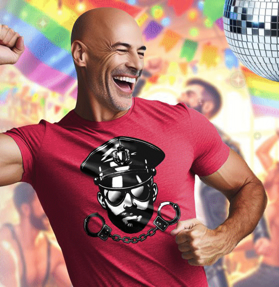The Cuffed to Fun T Shirt design of Leather Subculture graphics featuring a handsome leather man in a leather Muir hat and aviator glasses with handcuffs underneath,. Available in different colors.